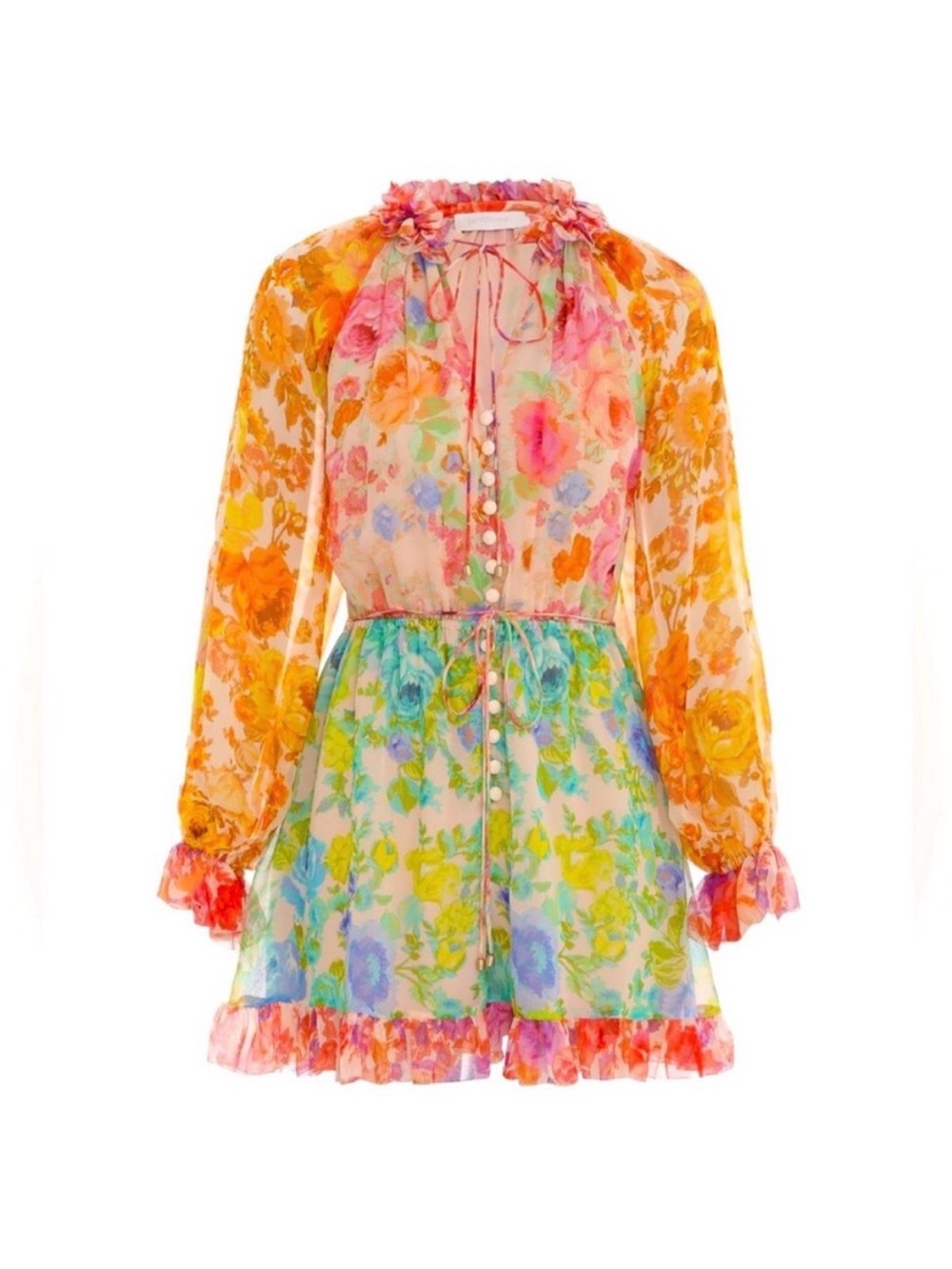 ZIMMERMANN Raie Floral 100% Silk Chiffon Long Sleeve V-Neck Romper Playsuit Sz 0